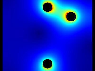 Pole elektrostatyczne 2D trzech walców w uziemionej obudowie 5