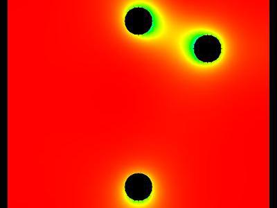 Pole elektrostatyczne 2D trzech walców w uziemionej obudowie 10