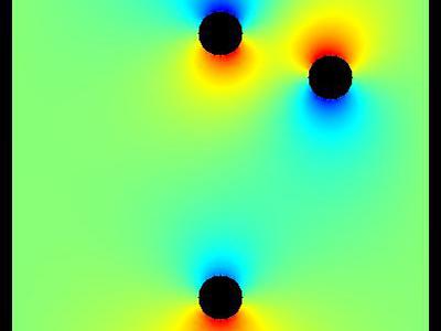 Pole elektrostatyczne 2D trzech walców w uziemionej obudowie 23