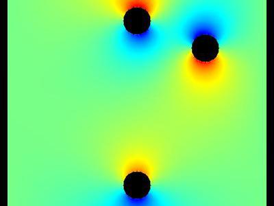 Pole elektrostatyczne 2D trzech walców w uziemionej obudowie 24