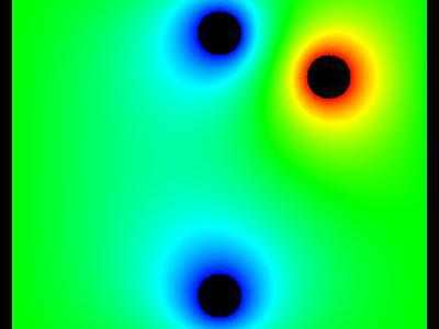 Pole elektrostatyczne 2D trzech walców w uziemionej obudowie 28